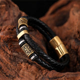 Braided Black Leather Bracelet with Gold Pendant