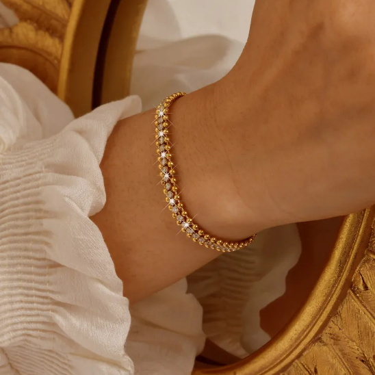 Stainless Steel Bracelet with Chain & Cubic Zirconia