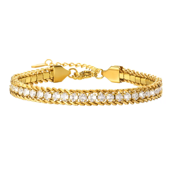 Stainless Steel Bracelet with Chain & Cubic Zirconia
