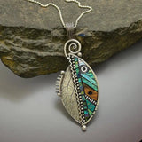 Crystal Necklace with Green Leaves in Vintage Silver