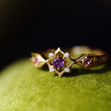 Adjustable Geometric Gold Ring with Amethyst Crystals