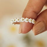 Adjustable Silver Ring with Enameled Daisies