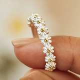Adjustable Silver Ring with Enameled Daisies