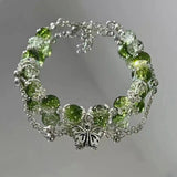 Retro Silver Butterfly Bracelet with Green Pearls