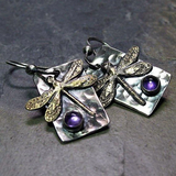 Retro Dragonfly Earrings with Purple Crystals