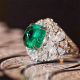 Retro Ring with Flowers, Green Stone & Diamonds