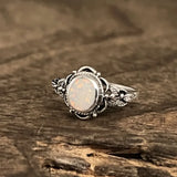 Retro Silver Ring with Flowers & Opal