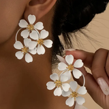 Silver Drop Earrings with Retro White Flowers