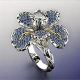 Silver Ring with Blue Flowers & Crystal