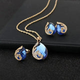 Set: Necklace & Earrings with Blue Crystal & Gold Plating