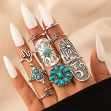 Set of Retro Rings in Silver & Turquoise