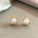 Gold Drop Earrings with Round Pearls & Cubic Zirconia