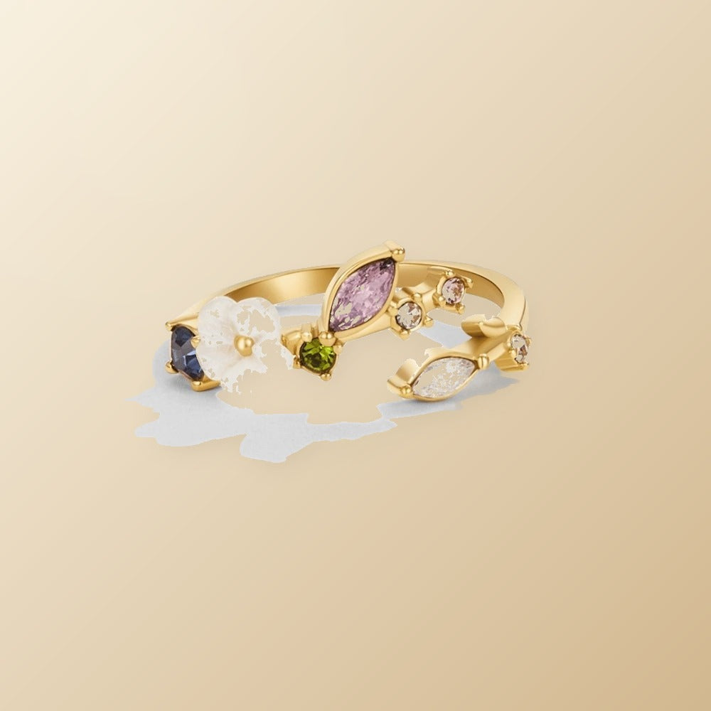 Crystal White Blossom Ring Gold on champagne lunar background